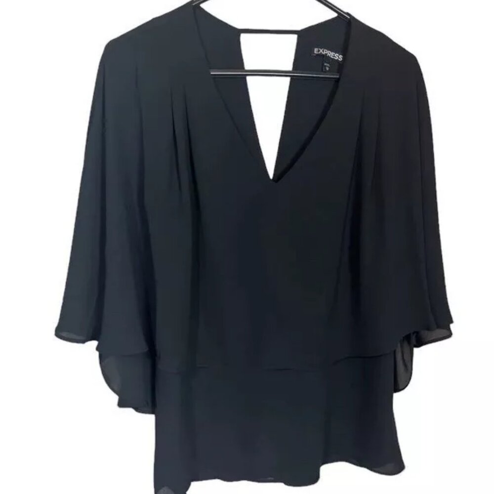Express Top XS Tank Flutter Cape Overlay Thin Dressy Black V-Neck Blouse